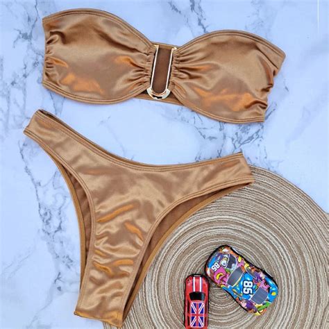 Chic Teal Bandeau Bikini Set With Gold Tone Hardware On Luulla