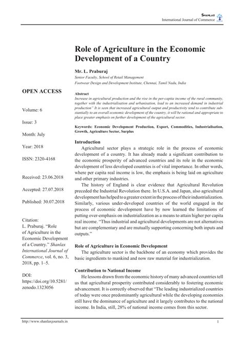 Pdf Role Of Agriculture In The Economic Development Of A Country