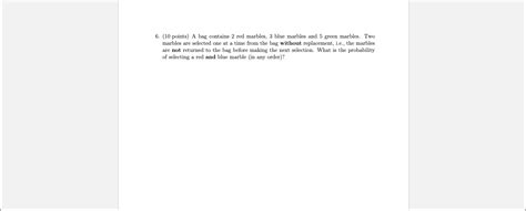Solved 6. (10 points) A bag contains 2 red marbles, 3 blue | Chegg.com