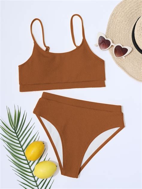 Ribbed Bikini Set Wireless Bra Top High Waist Bikini Bottom Pieces Bikini Summer Beach For
