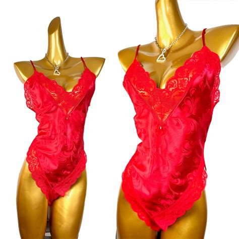 Vintage S Lingerie Teddy Deep V Plunging Sheer Lace Large Etsy