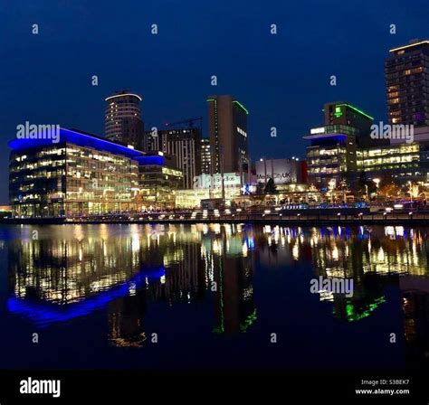 Media City Salford Quays Manchester Night Reflection Stock Photo Alamy