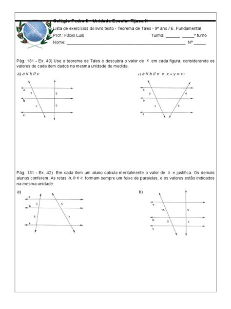 Pdf Exercícios De Matemática 9º Ano Teorema De Pitágoras Doc