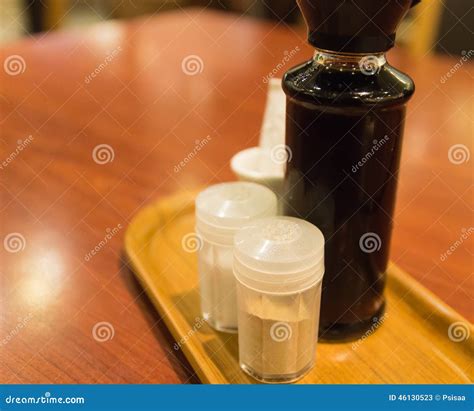 The Pepper Soy Sauce And Salt Bottle For Condiment Stock Image Image