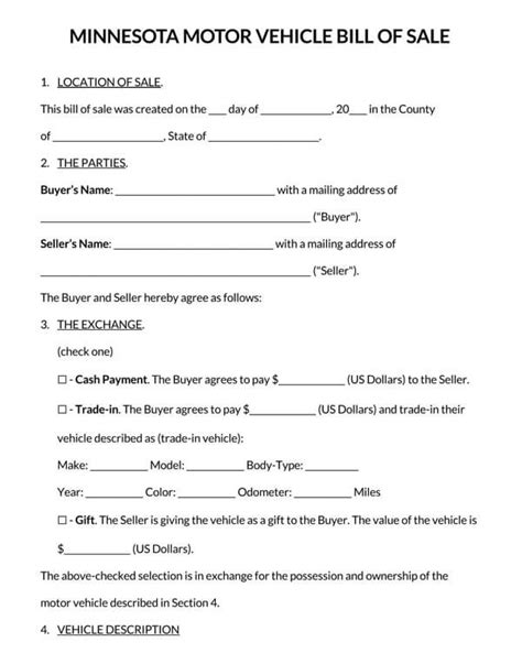 Free Minnesota Motor Vehicle Bill Of Sale Form