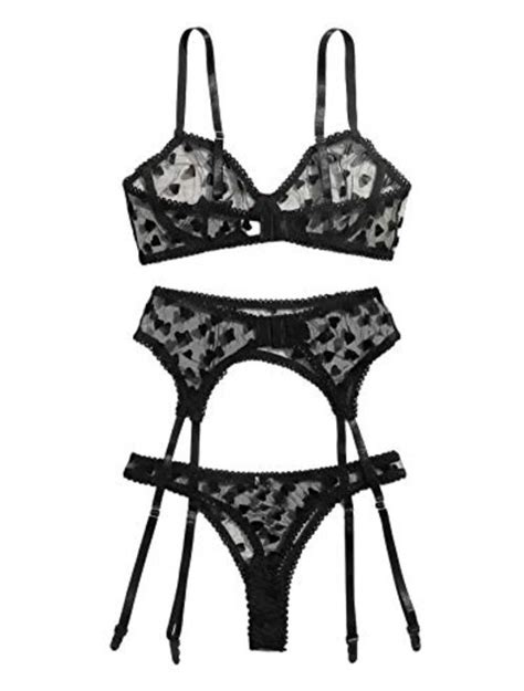 Buy Sweatyrocks Women S Sheer Mesh Bra And Thong Piece Lingerie Set With Garter Belts Online