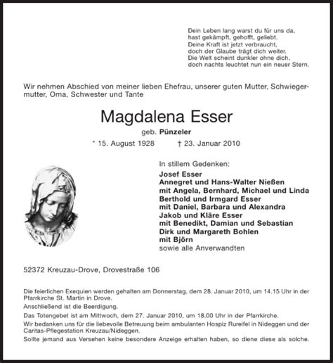 Traueranzeigen Von Magdalena Esser Aachen Gedenkt