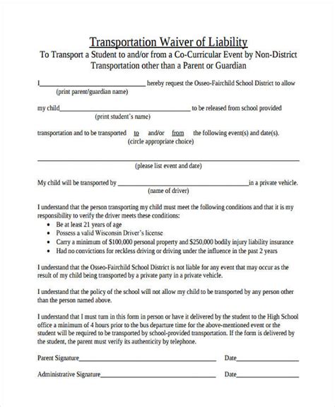 Transportation Liability Release Form Releaseform Net