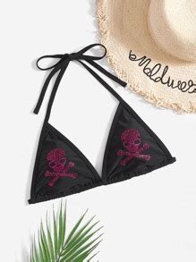 Grunge Punk Skull Rhinestone Triangle Halter Bikini Top SHEIN USA