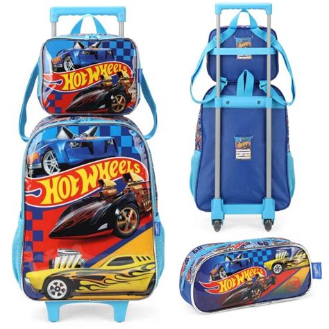 Mochila Infantil Rodinhas Hot Wheels C Lancheira E Estojo Azul