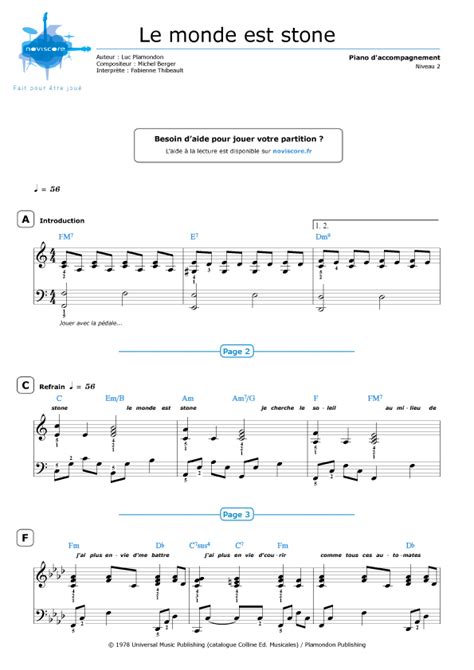 Piano Sheet Music Le Monde Est Stone Starmania Noviscore Sheets