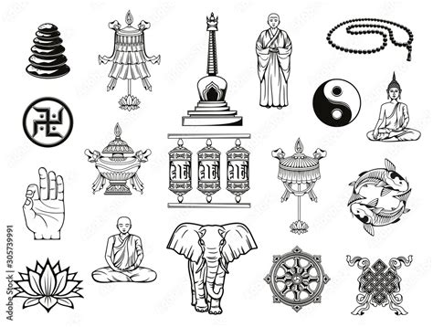 Buddhism Religion Sketches With Buddhist Religious Symbols Vector