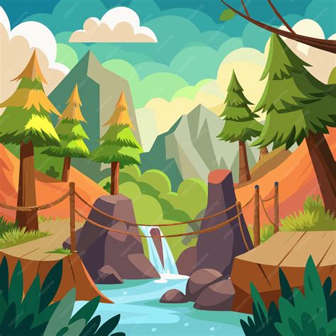 Forest Landscape Rope Bridge Cartoon Illustration | Premium AI ...