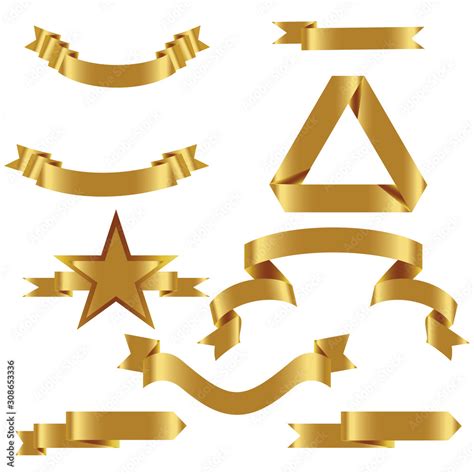 Gold Ribbon Set In Isolated For Celebration And Winner Award Banner White Background Vector