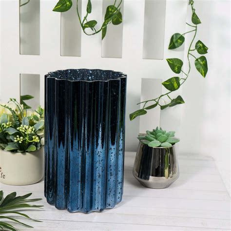 9 Navy Blue Mercury Glass Hurricane Candle Holder Cylinder Glass Vase