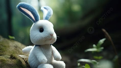 Stuffed Rabbit Sitting In The Jungle With Forest Background Cg Rabbit