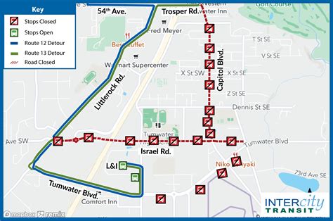 Routes 12 and 13 will be on detour in Tumwater on Friday, July 4 from 9