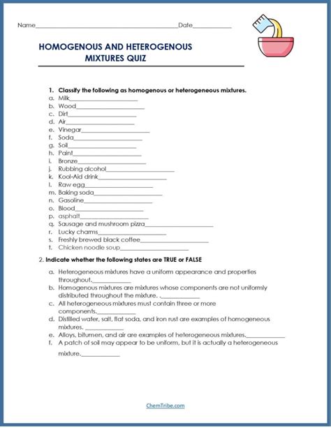 Homogeneous And Heterogeneous Mixture Worksheet ChemTribe