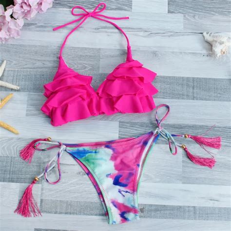 New Sexy Bikinis Women String Swimsuit Tankini Swimwear Halter Bikini Set Print Low Bottom