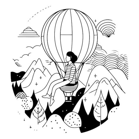 Premium Vector Vector Illustration Of Woman Flying On Hot Air Balloon In The Mountains