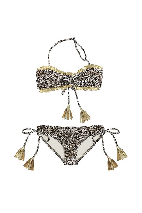 LOOK ME Halter Yaka Gold Fırfırlı Leopar Desenli Ipli Püskül Detaylı uv Kız Çocuk Bikini