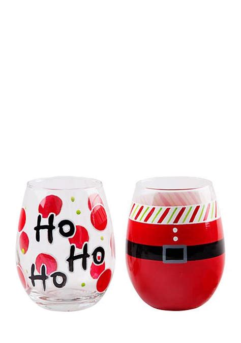 Home Essentials Santa Belt And Ho Ho Ho Wine Glass Set Of 2 Wine Glass Decorated Wine