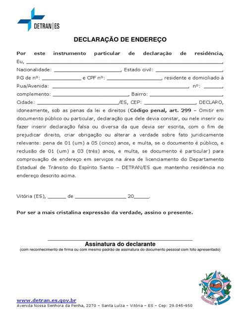 Declaração Para O Detran - Declaração de Endereço para Detran ES | PDF