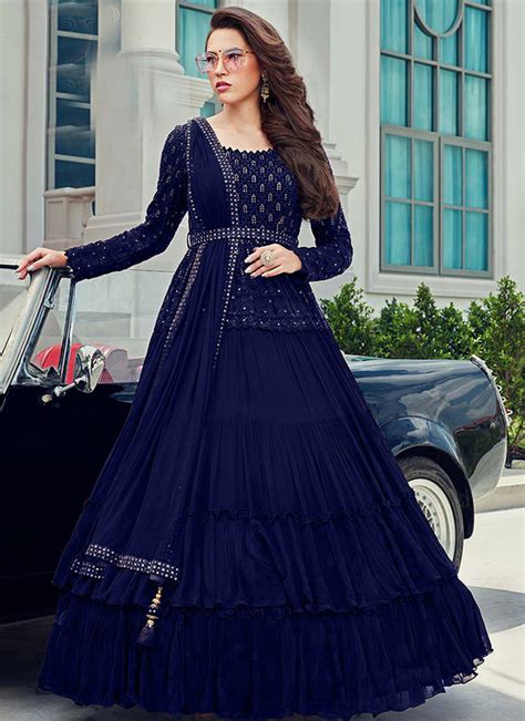 Precious Party Wear Navy Blue Color Chinon Fabric Readymade Salwar Suit