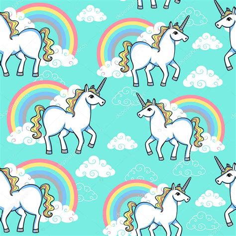 Cartoon Seamless Pattern Unicorn Rainbow Clouds Designed Print Stock