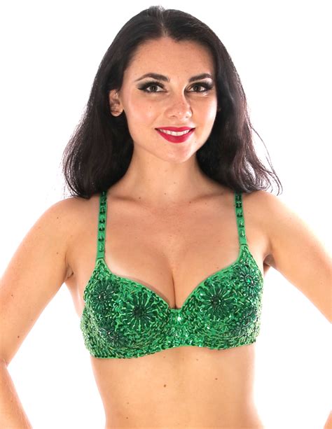 Green Sequin Dance Costume Bra With Beaded Floral Design