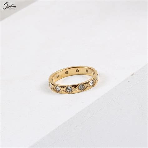 Joolim High End K Gold Pvd Waterproof Rhombus With Zircon Rings For