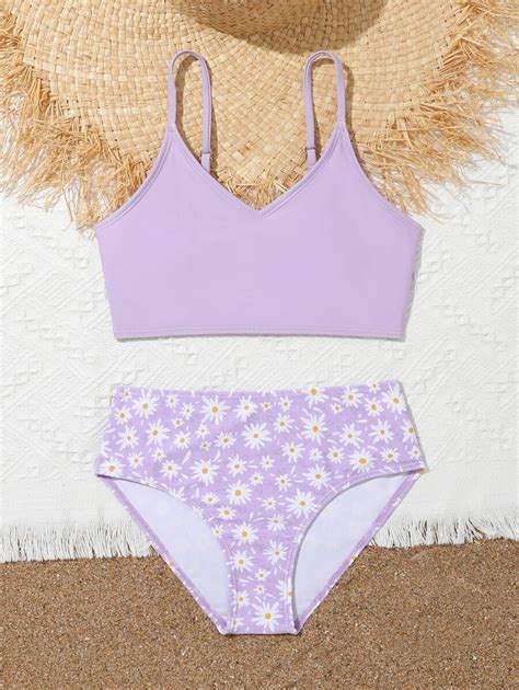 Tween Girl Floral Print Bikini Set Summer Beach Shein Uk