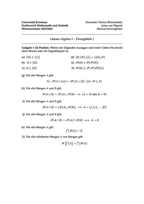 Blatt 1 Übungsaufgaben zur Vorlesung Übung Lineare Algebra I Studocu