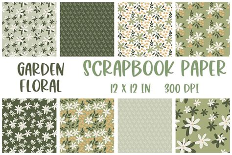 Sage Green Floral Scrapbook Paper, 8 Floral Pattern Papers