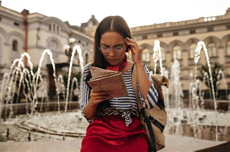 Free Photo Attractive Pretty Asian Brunette Woman I Silk Skirt Striped Shirt And Eyeglasses