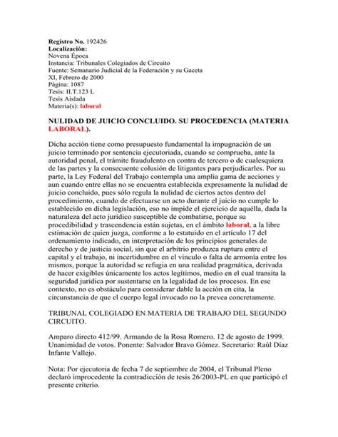 NULIDAD DE JUICIO CONCLUIDO SU PROCEDENCIA MATERIA