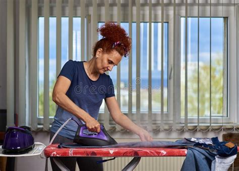 Mature Housewife Ironing Clothes Stock Photo Image Of Headband Mature