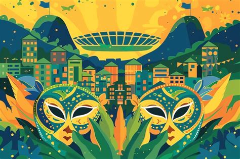 Brazilian carnival masks and Brazilian soccer player silhouette and
