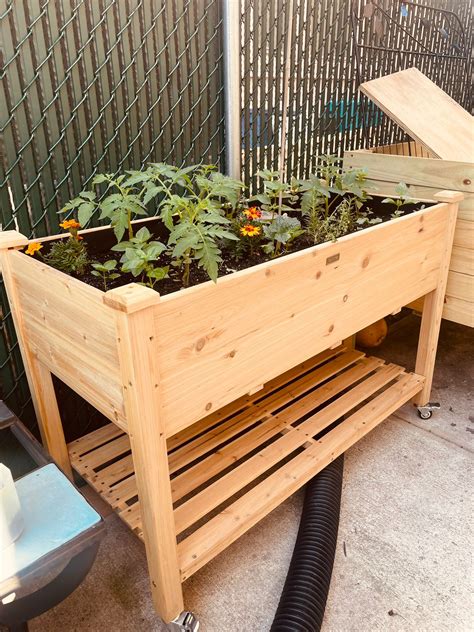 Wood Elevated Planter Bed With Lockable Wheels Shelf And Liner Costway