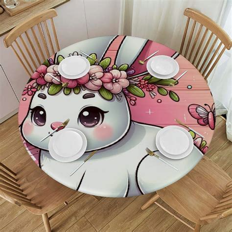 Tiaotiaohou Pink Bunny Easter Round Tablecloth Fitted Table Cover With