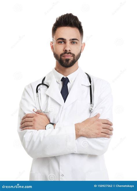 Young Male Doctor in Uniform on White Stock Photo - Image of caucasian ...