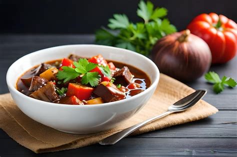 Premium Ai Image A Bowl Of Beef Stew With Onions And A Tomato