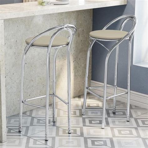 Banqueta M Dia Dublin Encosto Kappesberg Banco Cozinha Metal Cromado Forro Bege Nude Un