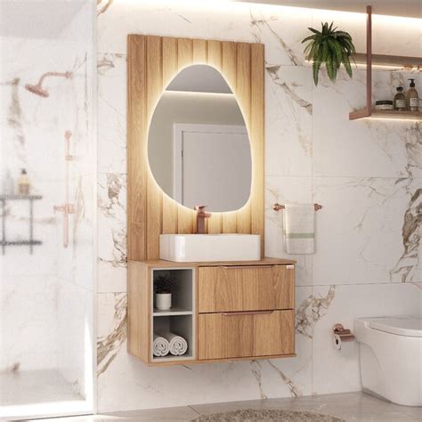 Conjunto Para Banheiro Lívia Suspenso Cm Espelho Orgânico C led Fabribam Catedral Nude