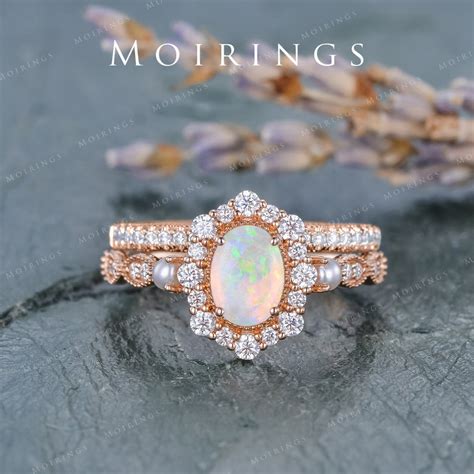 Vintage Australia Opal Engagement Ring Set Rose Gold Diamond Etsy