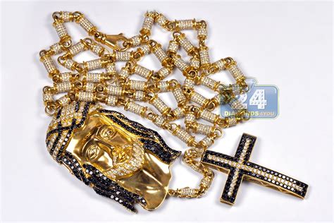 Mens Diamond Jesus Christ Rosary Necklace 14K Yellow Gold 24 63ct