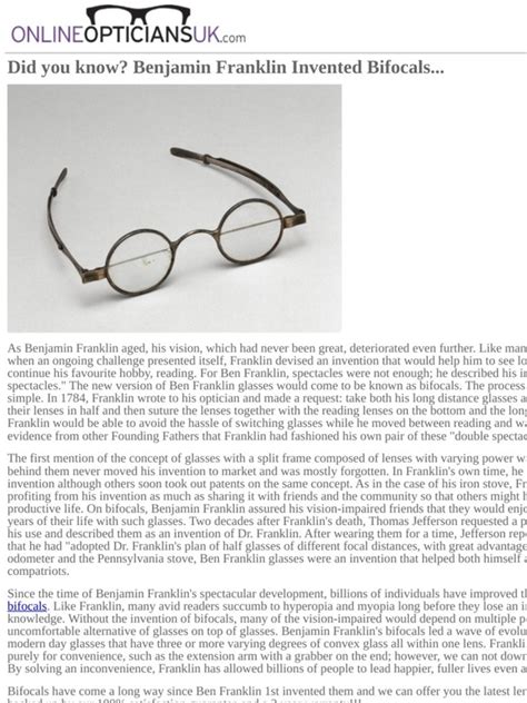 Online Opticians Did You Know Benjamin Franklin Invented Bifocals Milled