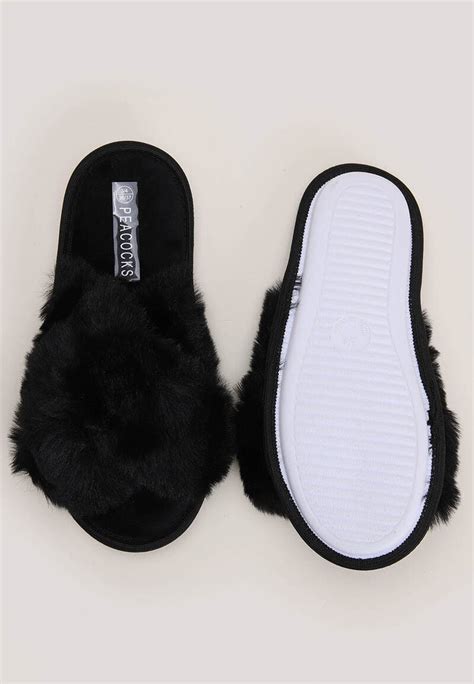 Womens Black Faux Fur Mule Slippers Peacocks