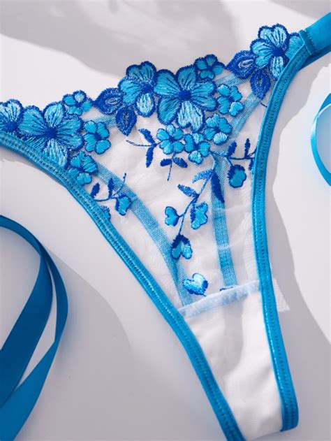 Conjunto De Lingerie Sensual De Malha Semitransparente Estampa Floral Suti Push Up E Tanga