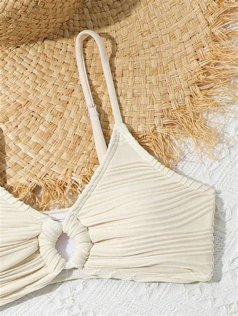 Shein Tween Girl Holiday Solid Color Bikini Set With Circular Links Matching Cover Up Skirt